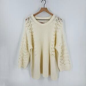 Anthropologie Pilcro Devenne Pointelle Cream Crocheted Crew Neck Sweater Size L